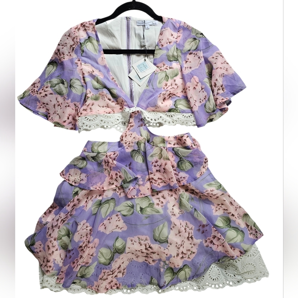 Floral Lavender & Pink Tie-Front Mini Dress with Eyelet Trim